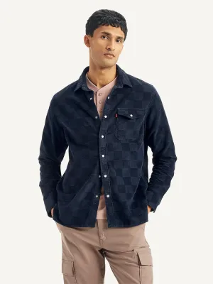 Men's Checkered Spread Collar Denim Shirt