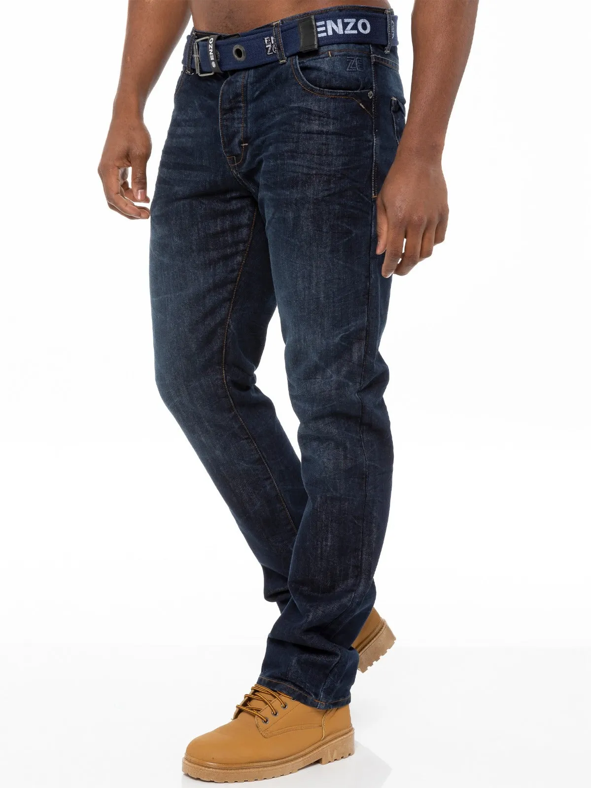 Mens Denim Straight Fit Jeans Mid Stonewash | Enzo Designer Menswear