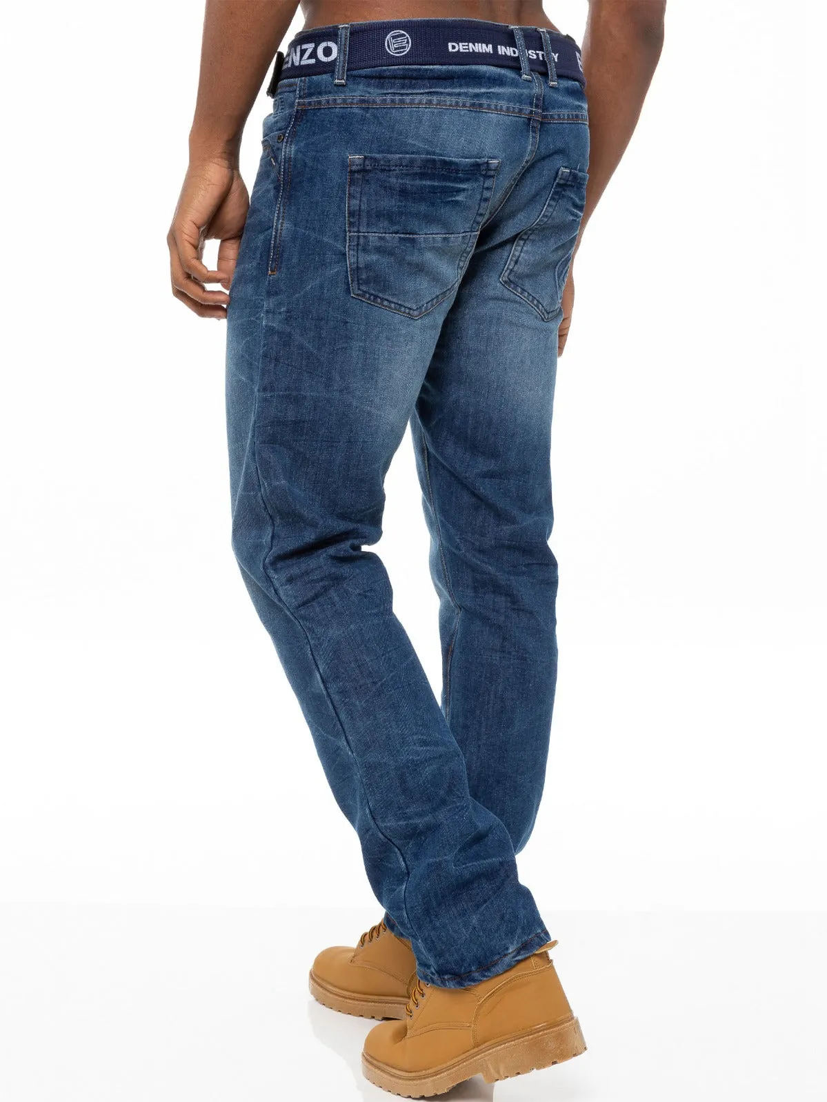 Mens Denim Straight Fit Jeans Mid Stonewash | Enzo Designer Menswear