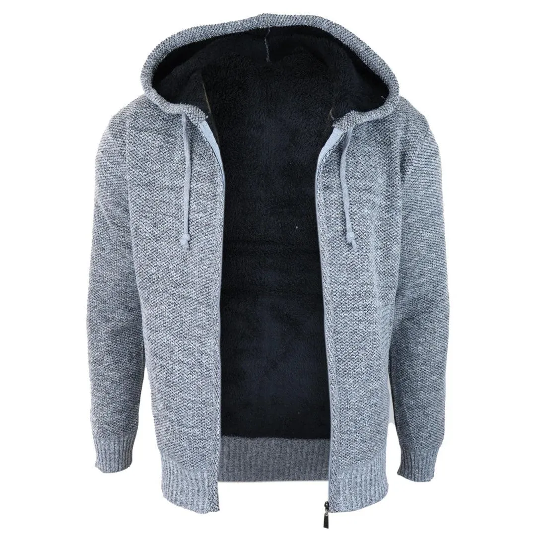 Mens Hoodie Jumper Jacket Fleece Fur Lined Top Knitted Warm Winter Casual Zipped