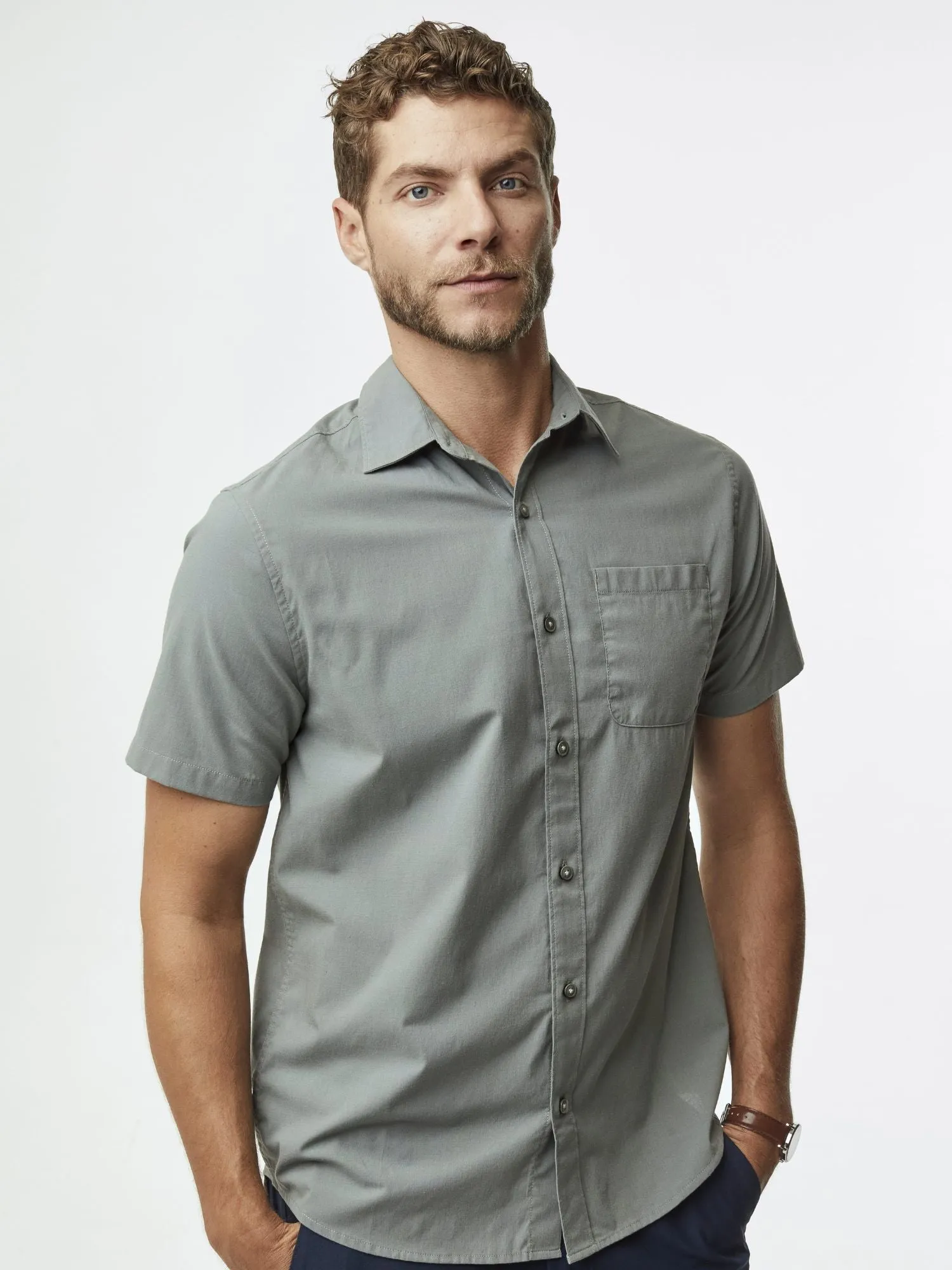 Mercury Green Short Sleeve Stretch Button Up