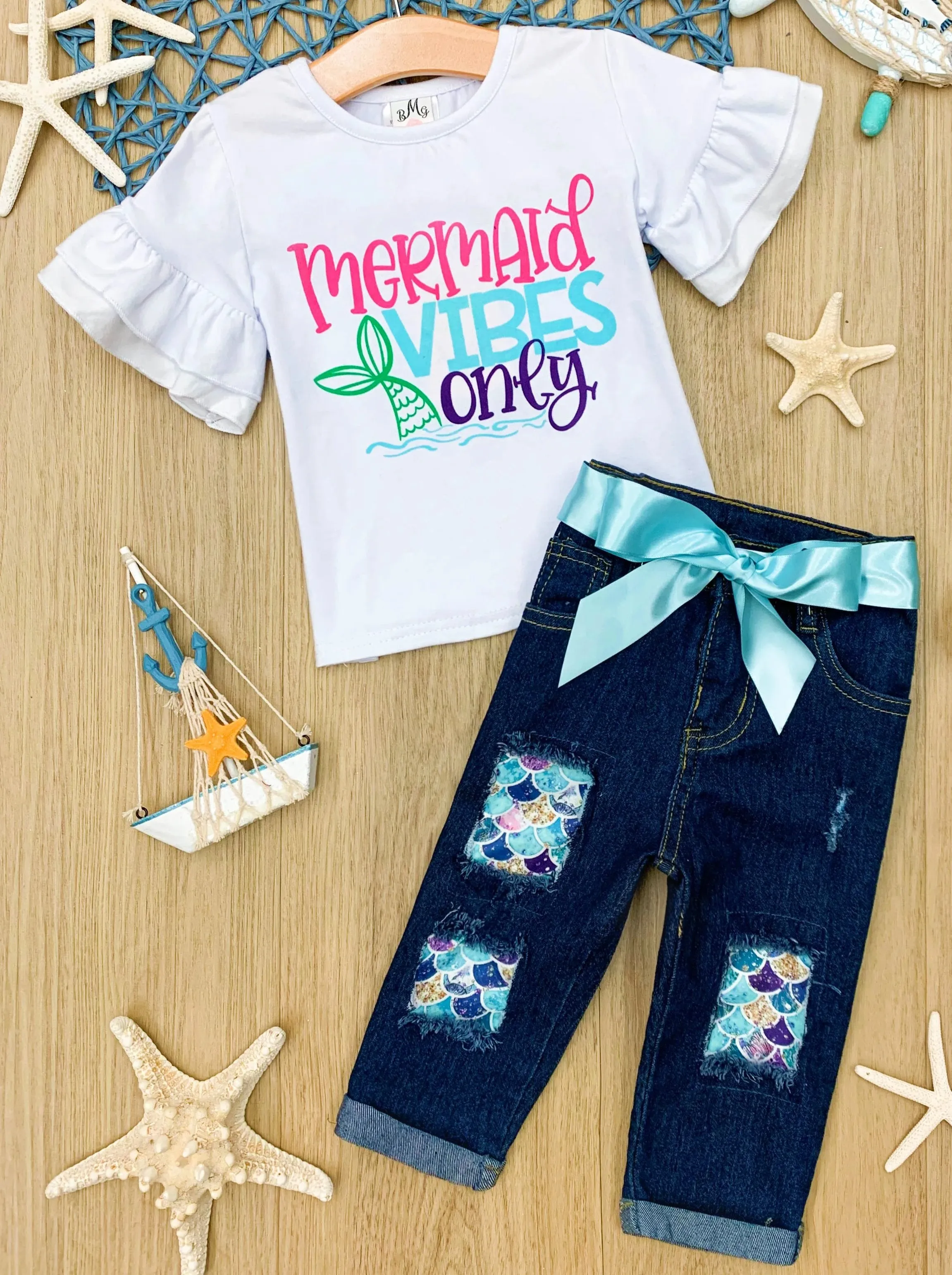 Mermaid Vibes Only Patched Denim Set