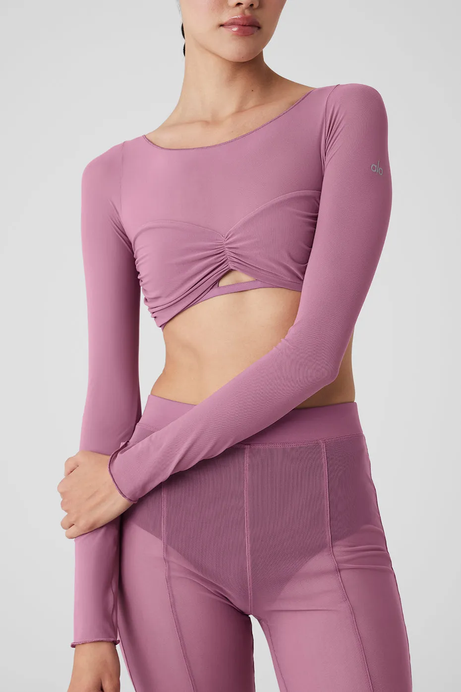 Mesh Sheer Illusion Cropped Long Sleeve - Soft Mulberry