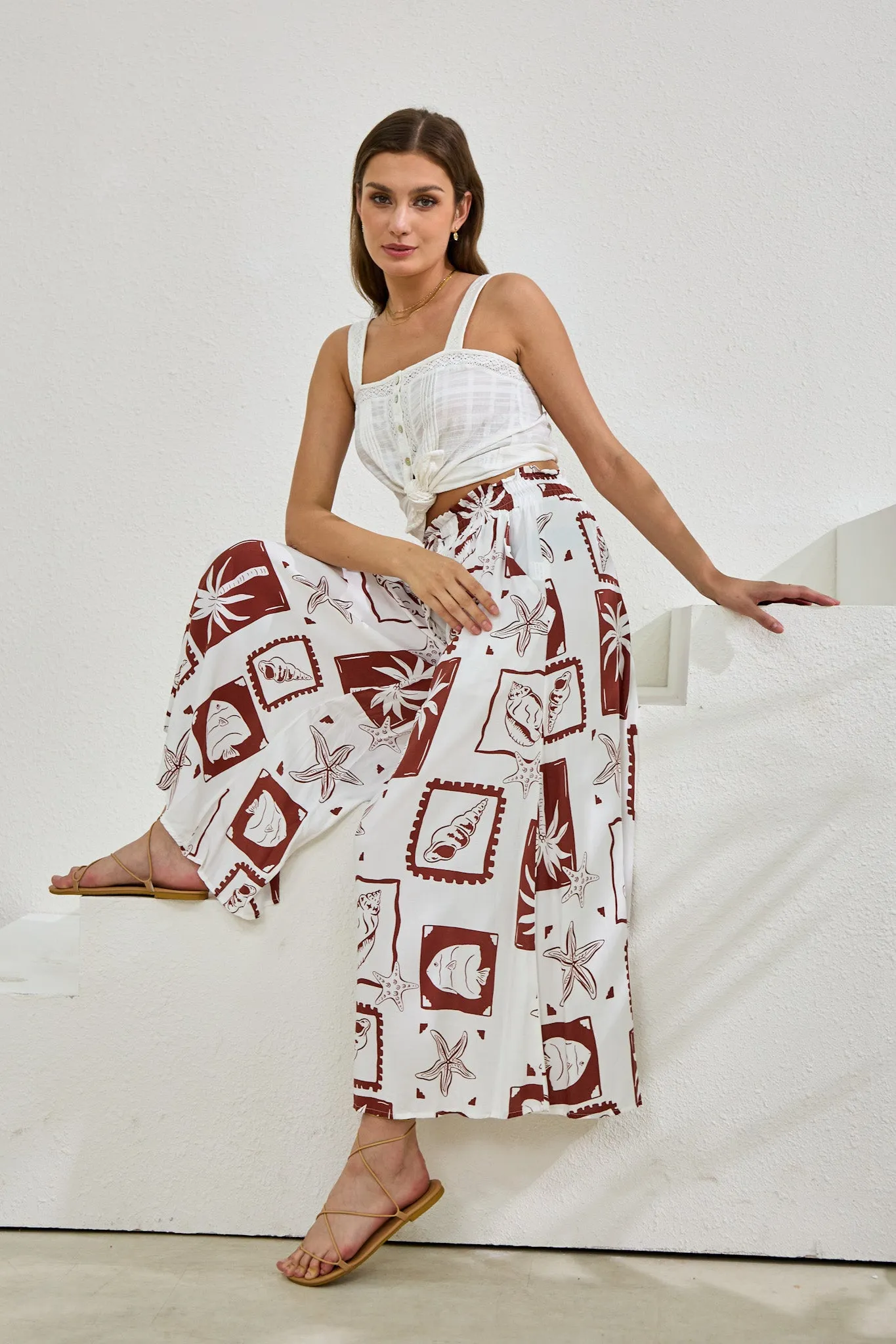 Mira Brown Sea Shells Tropical Wide Leg Cropped Pants