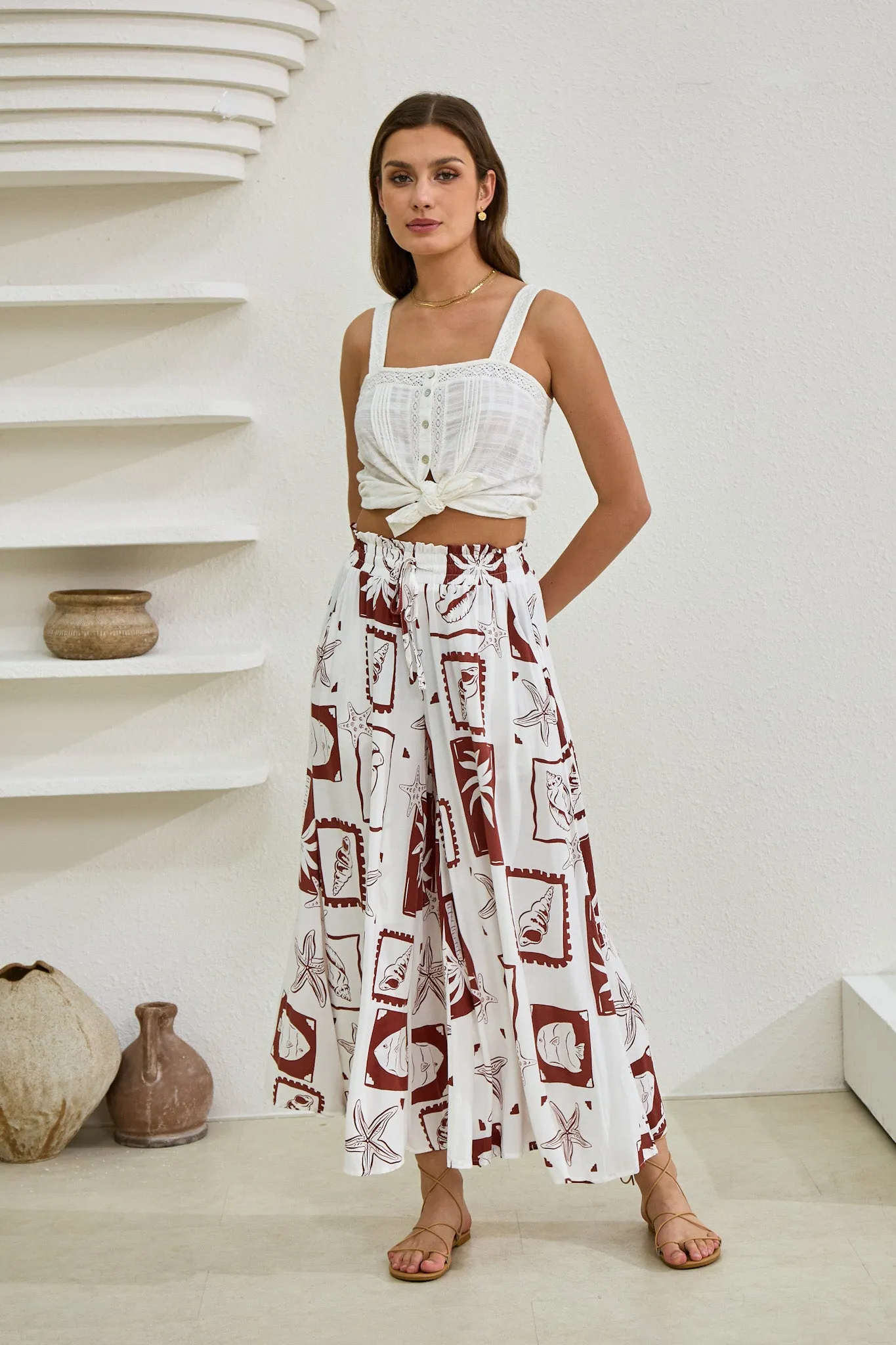 Mira Brown Sea Shells Tropical Wide Leg Cropped Pants