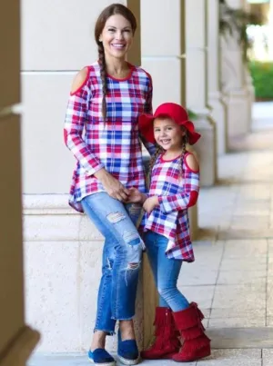 Mommy and Me Royal and Red Plaid Cold Shoulder Striped Hi-Lo Elbow Patch Tunic