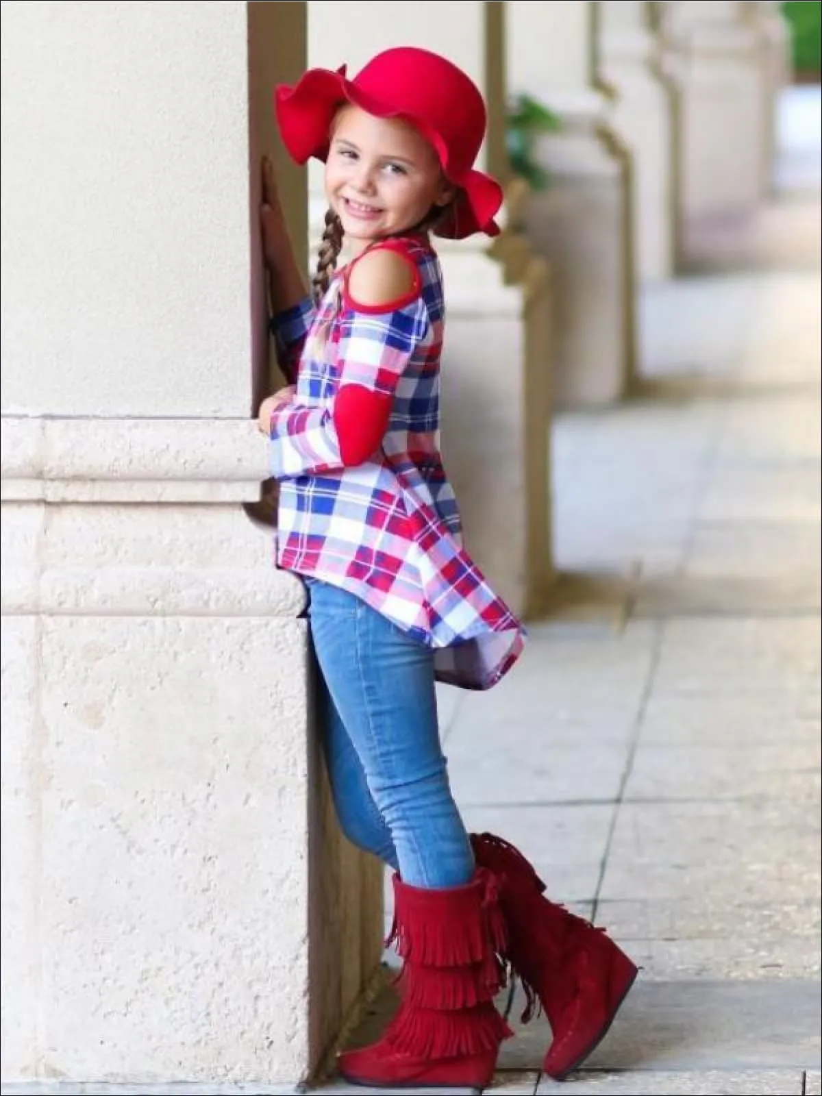 Mommy and Me Royal and Red Plaid Cold Shoulder Striped Hi-Lo Elbow Patch Tunic