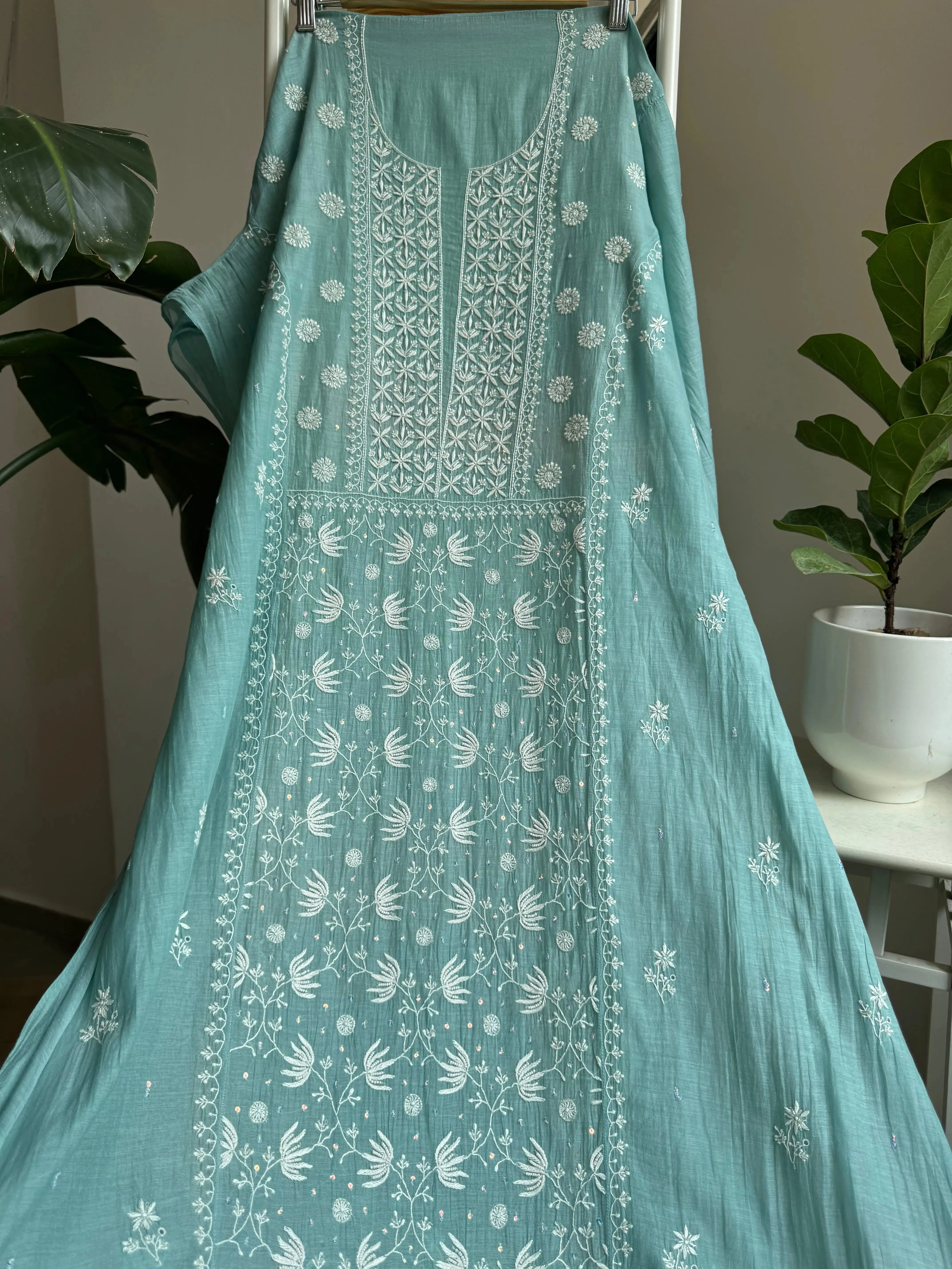 Mul Chanderi Straight Chikankari Tunic - Tiffany Blue