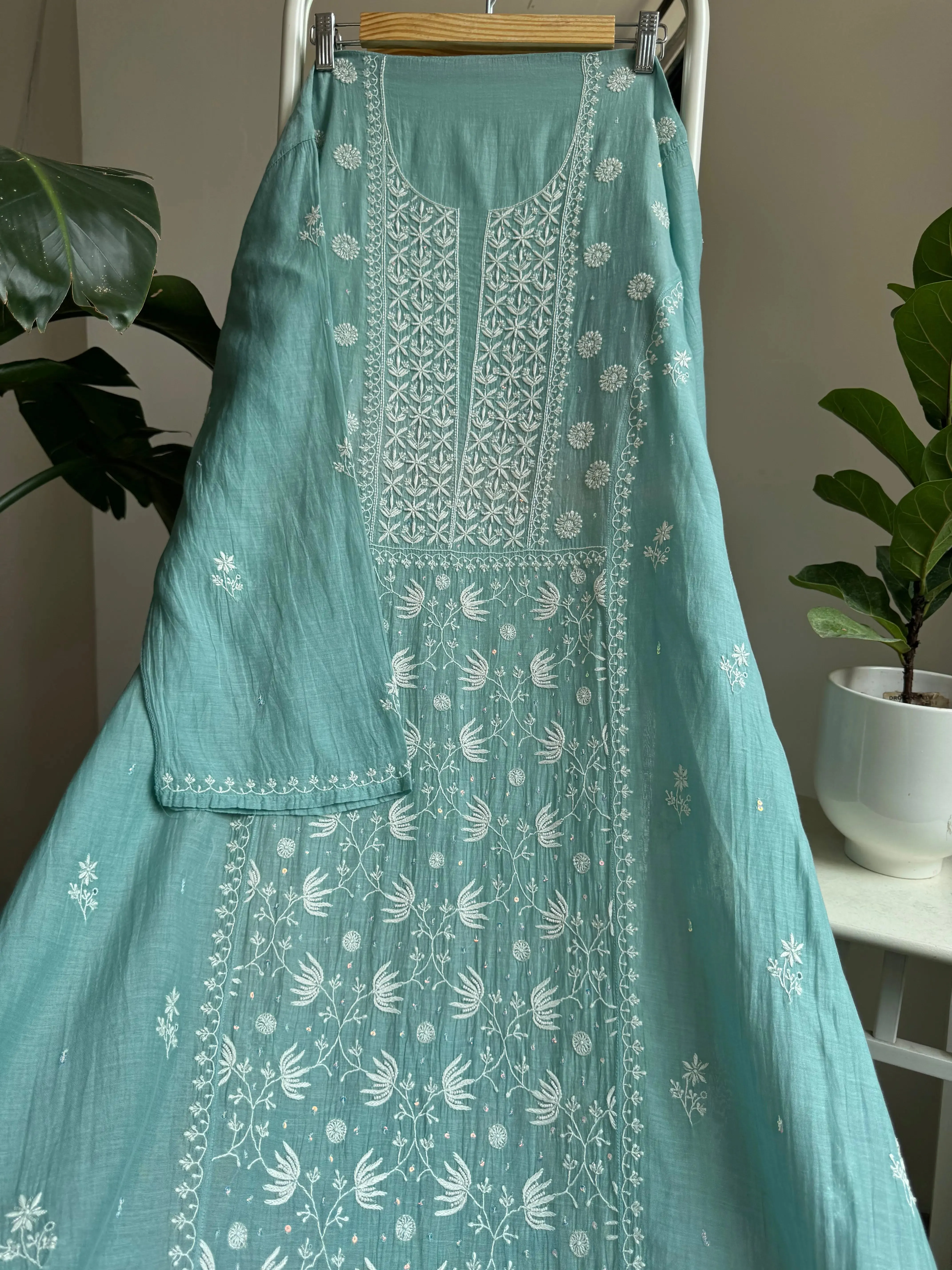 Mul Chanderi Straight Chikankari Tunic - Tiffany Blue