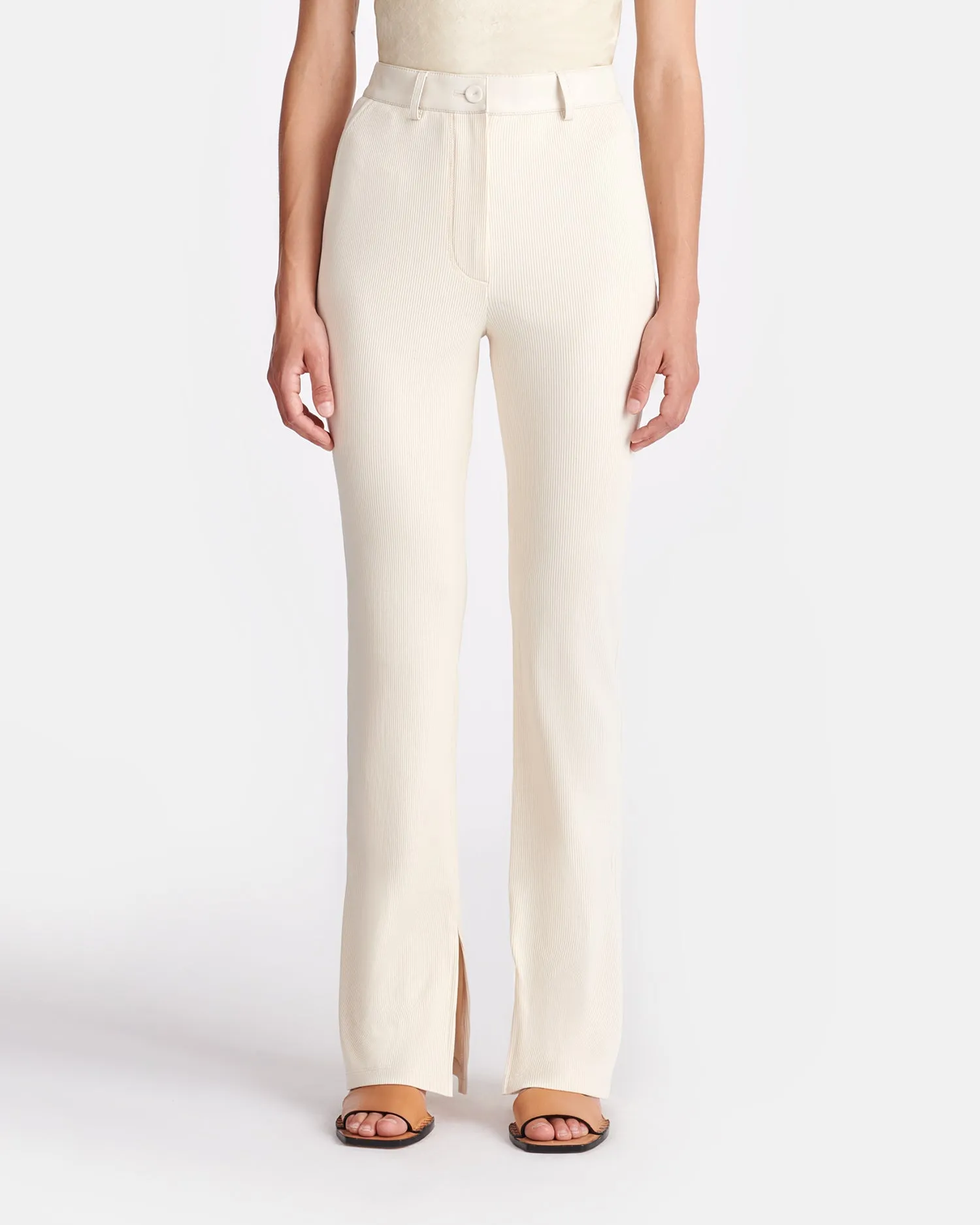 Mykas - Leather-Trimmed Ribbed-Jersey Pants - Creme