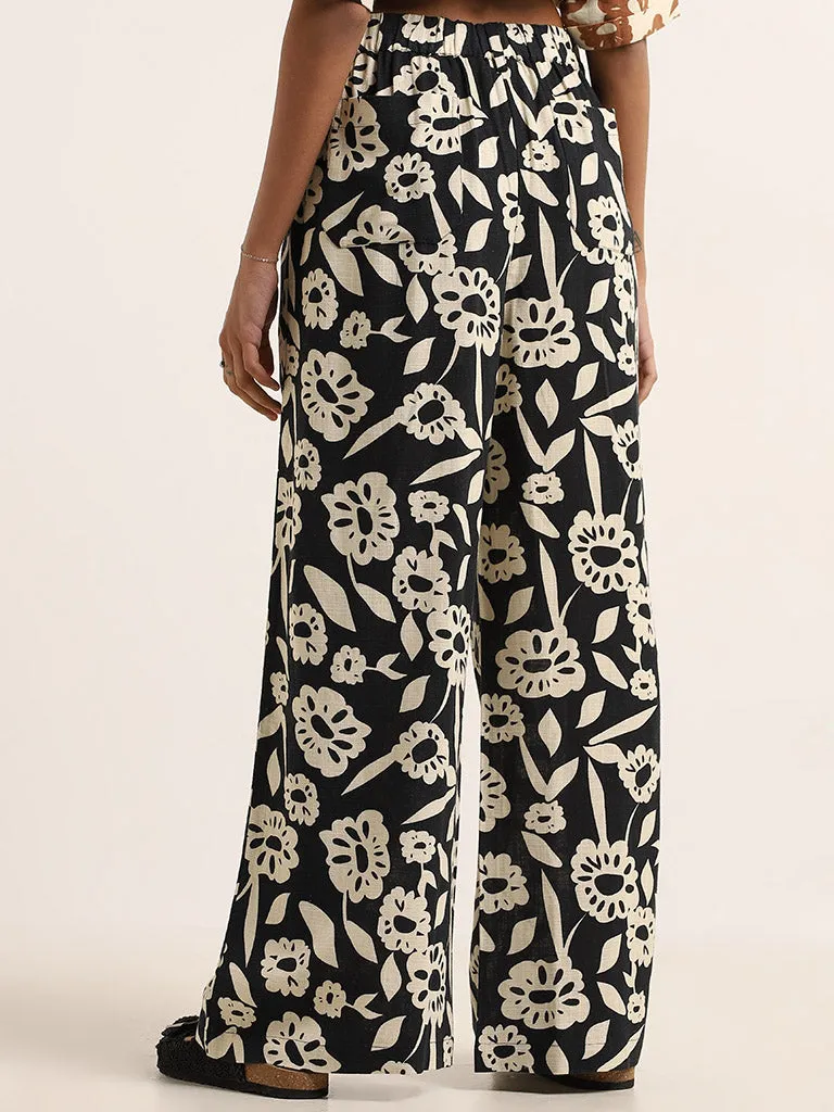 Nuon Black Floral Printed Blended Linen Pants