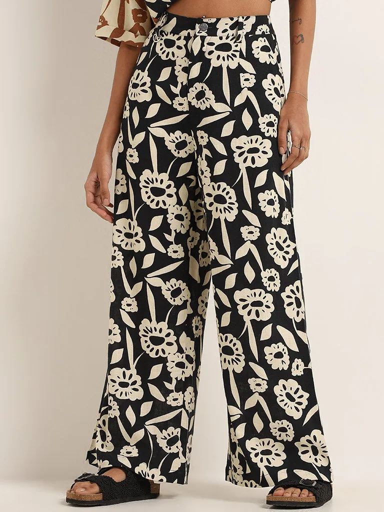 Nuon Black Floral Printed Blended Linen Pants