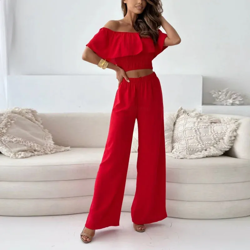 Off Shoulder Blouse Top High Waist Pants Fashionable Solid Office Sexy Set