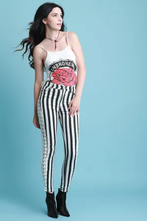 Open Side Grommet Lace-Up Stripe Skinny Pants