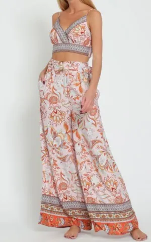 Pants - Boho High Waisted Belted Long Pants - Lt. Pink/Multi