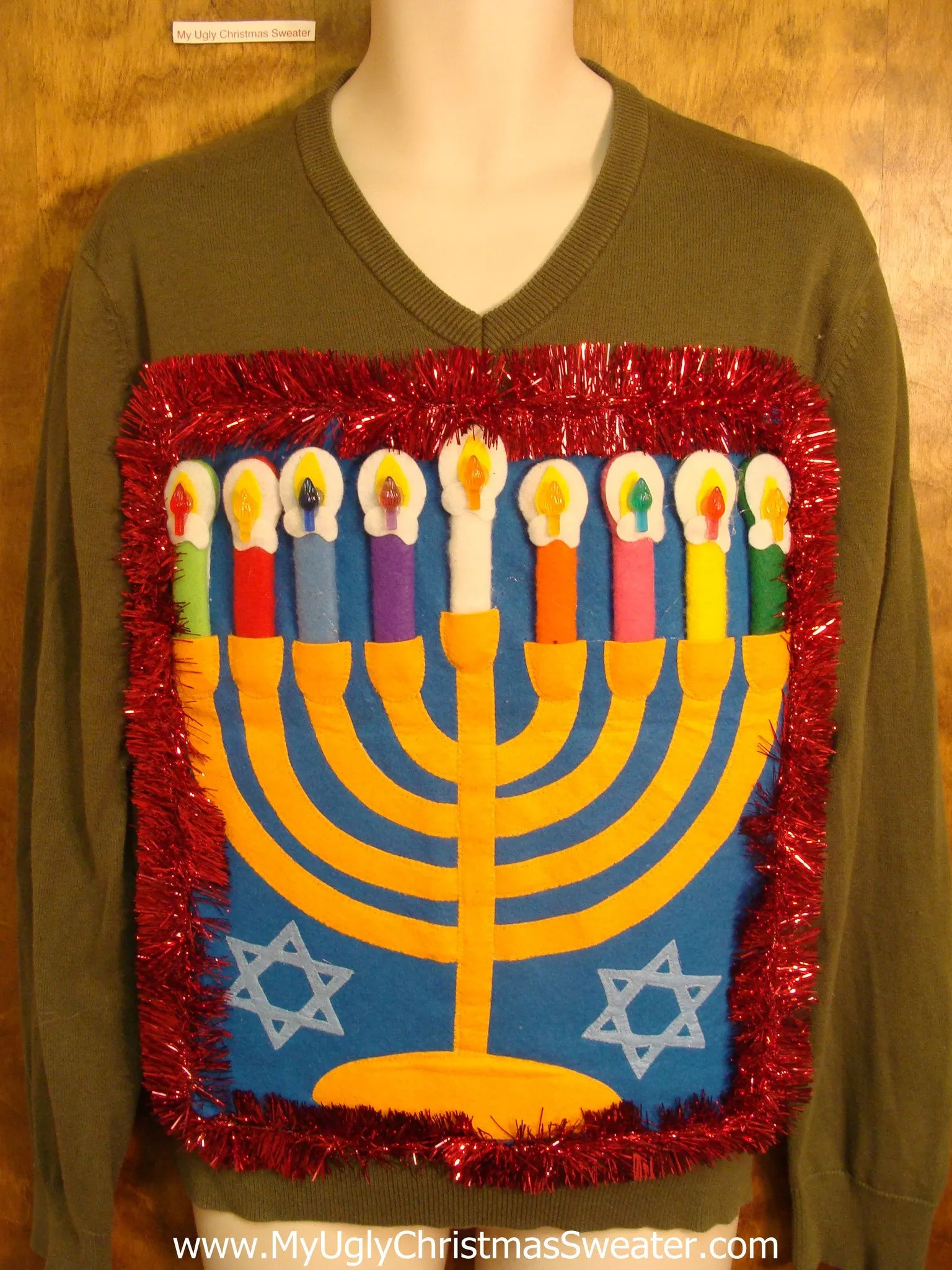 Pea Green Vneck Hanukkah Sweater with Menorah