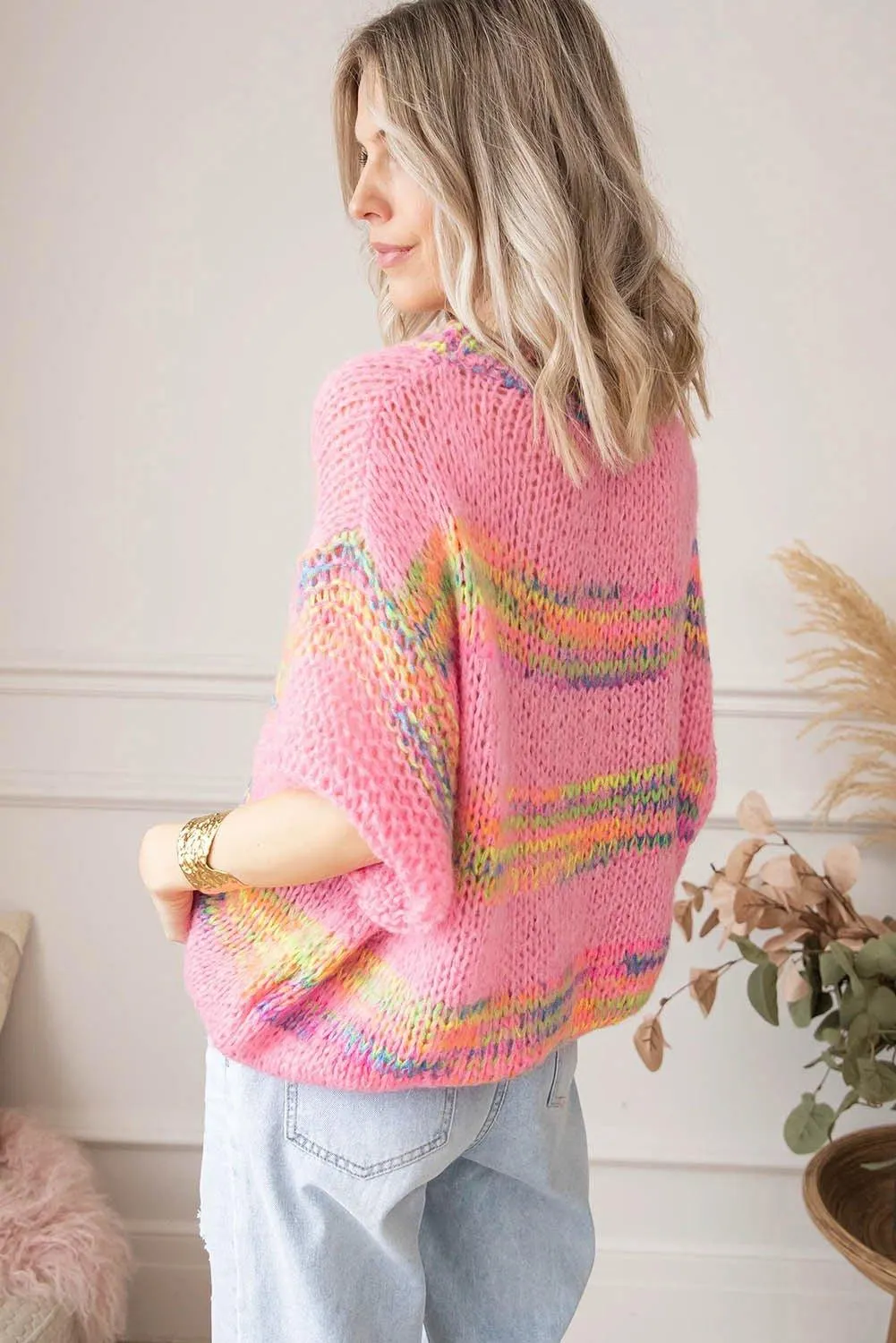 Pink Colorful Stripes Loose Sweater