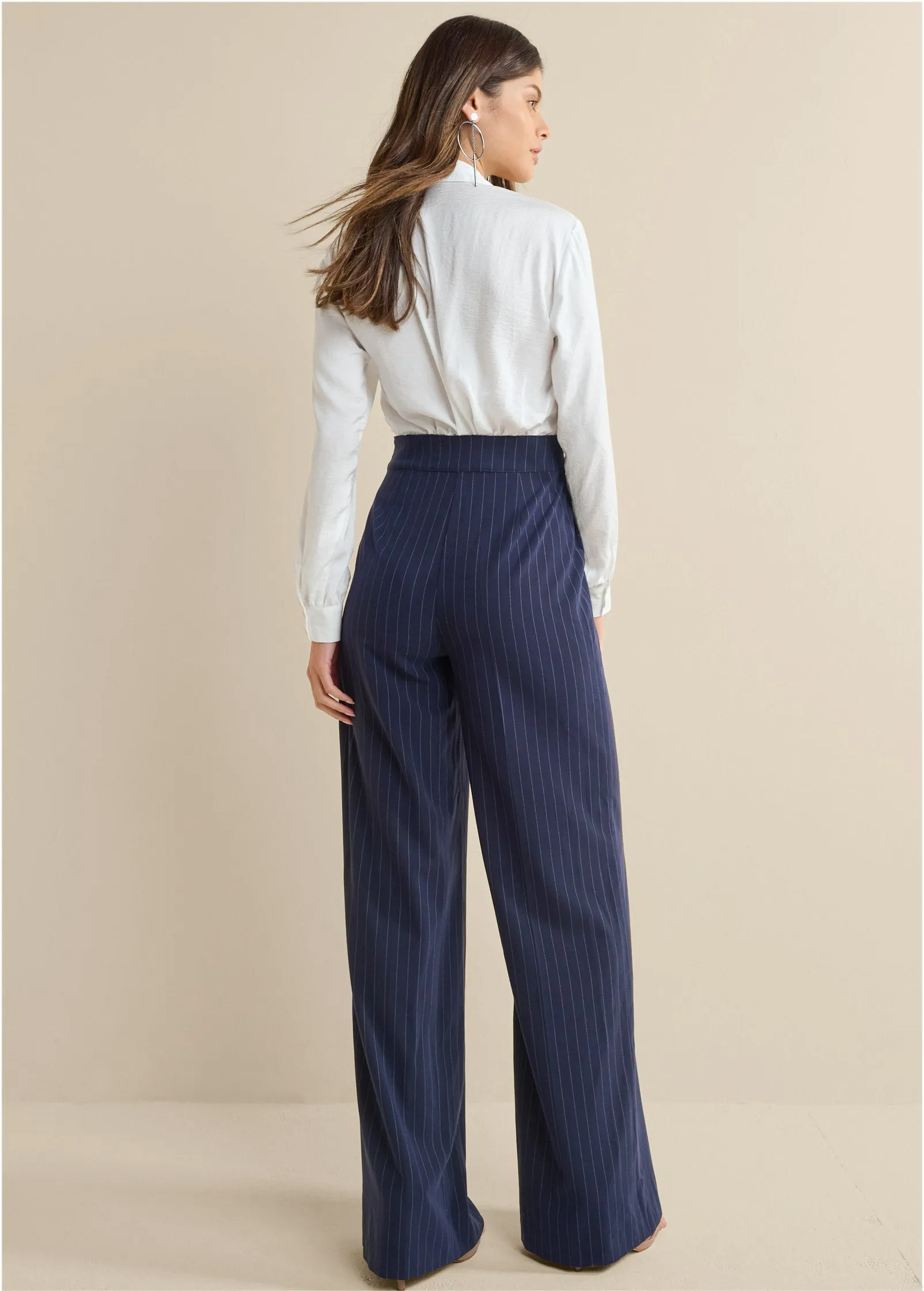 Pinstripe Wide Leg Jumpsuit - Navy & White