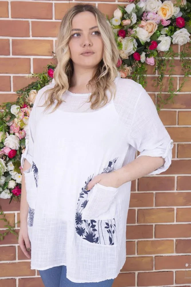 Plain Floral Patch Pockets Tunic Top