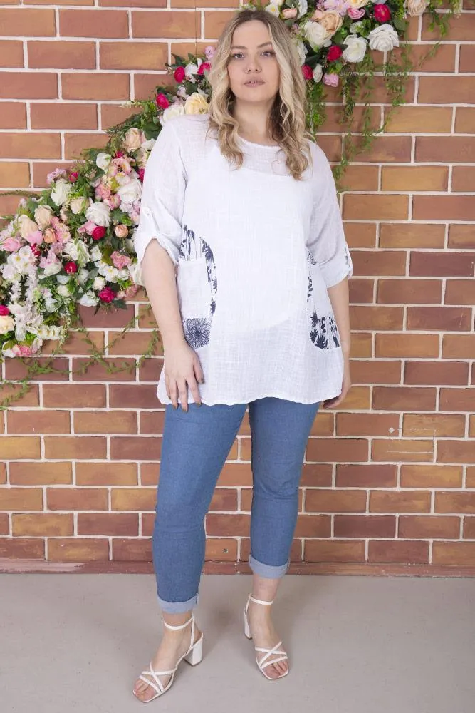 Plain Floral Patch Pockets Tunic Top