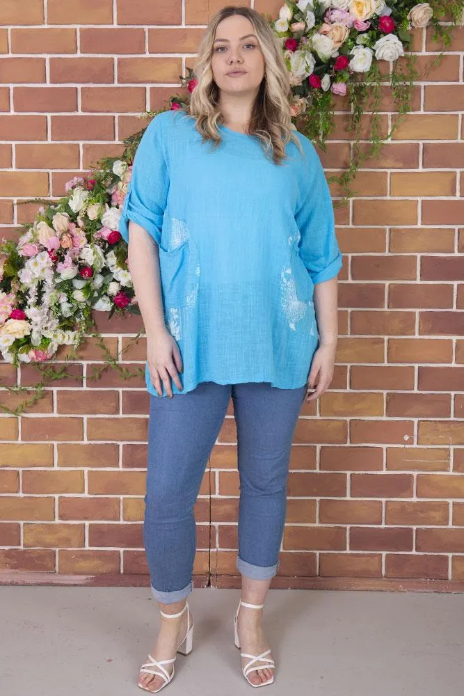 Plain Floral Patch Pockets Tunic Top