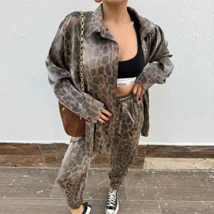 Plus Size Casual Leopard Print High-waisted Cropped Pants Set