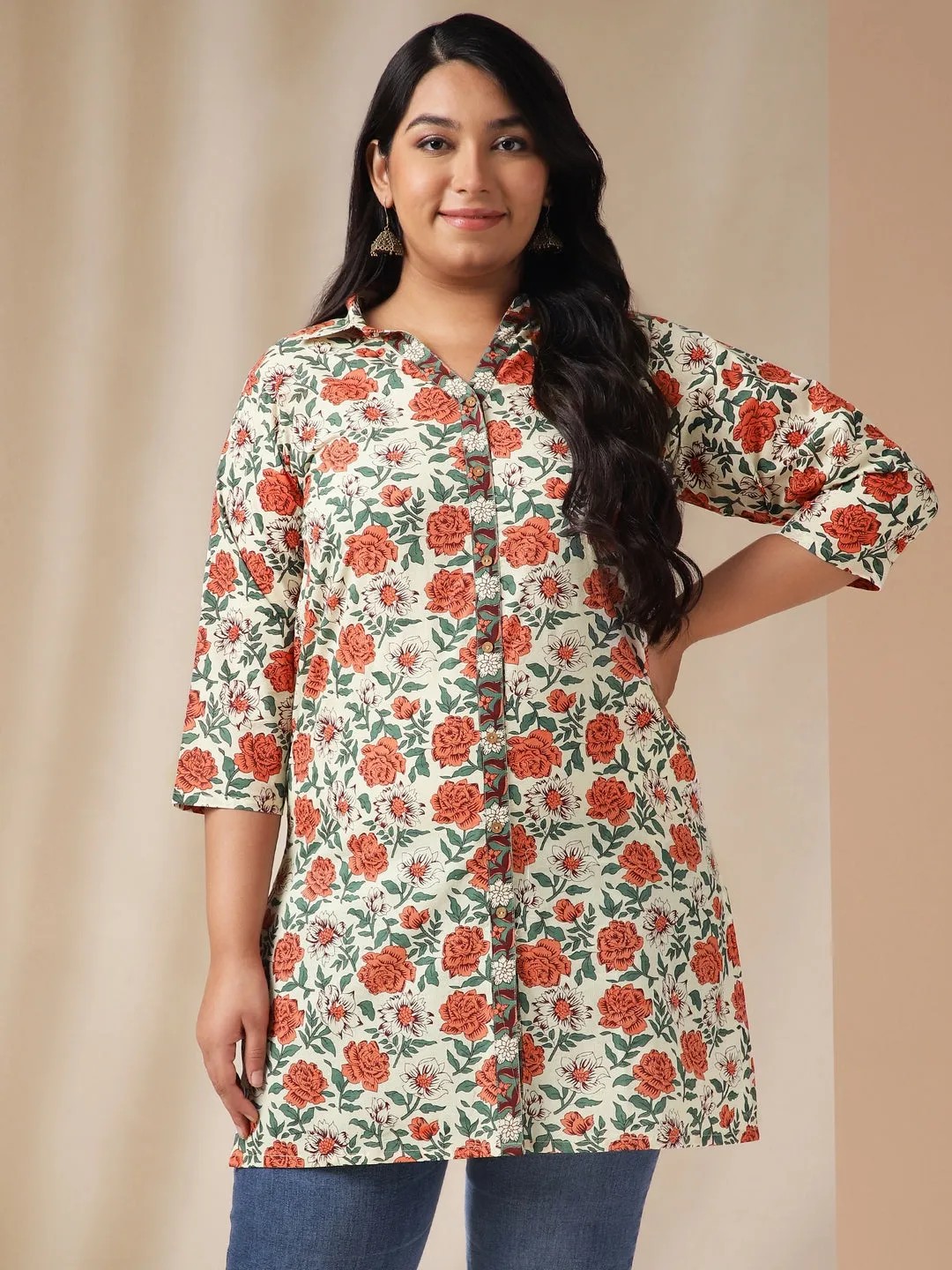 Plus Size Cream Cotton Floral Tunic