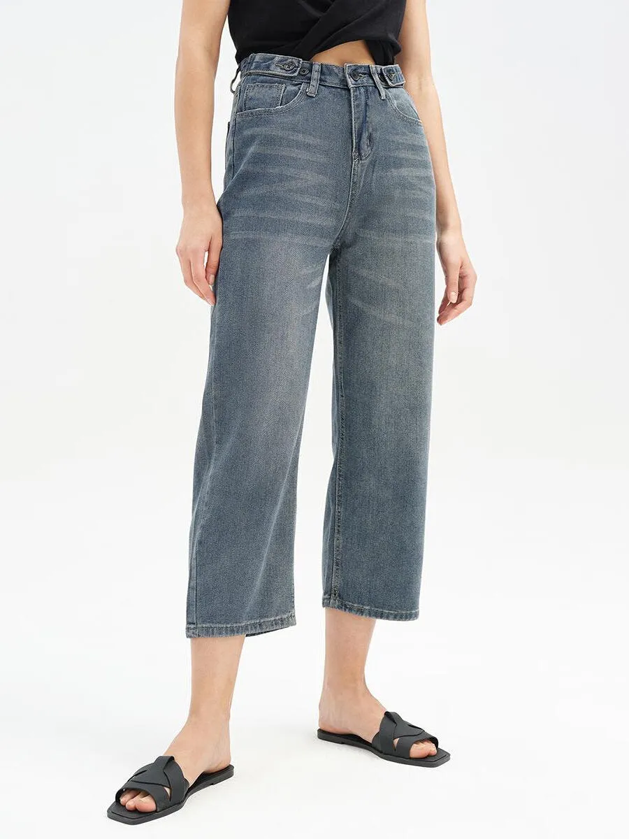 Pocket High Waist Wide Leg Cropped Jeans