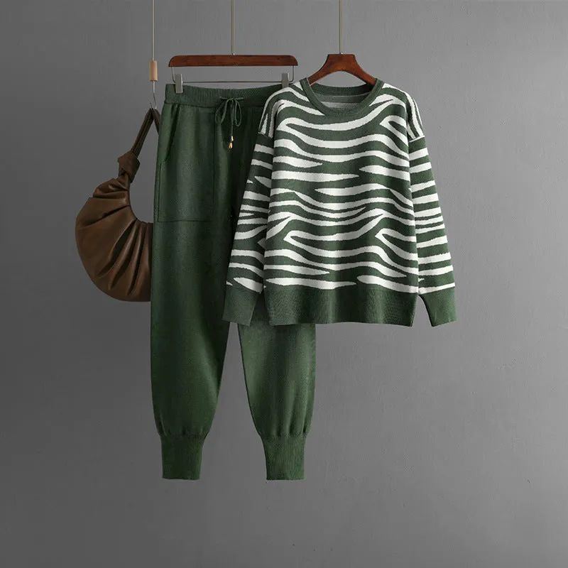 Pre Order:  Zebra Striped Knitted Top Pants Casual Set