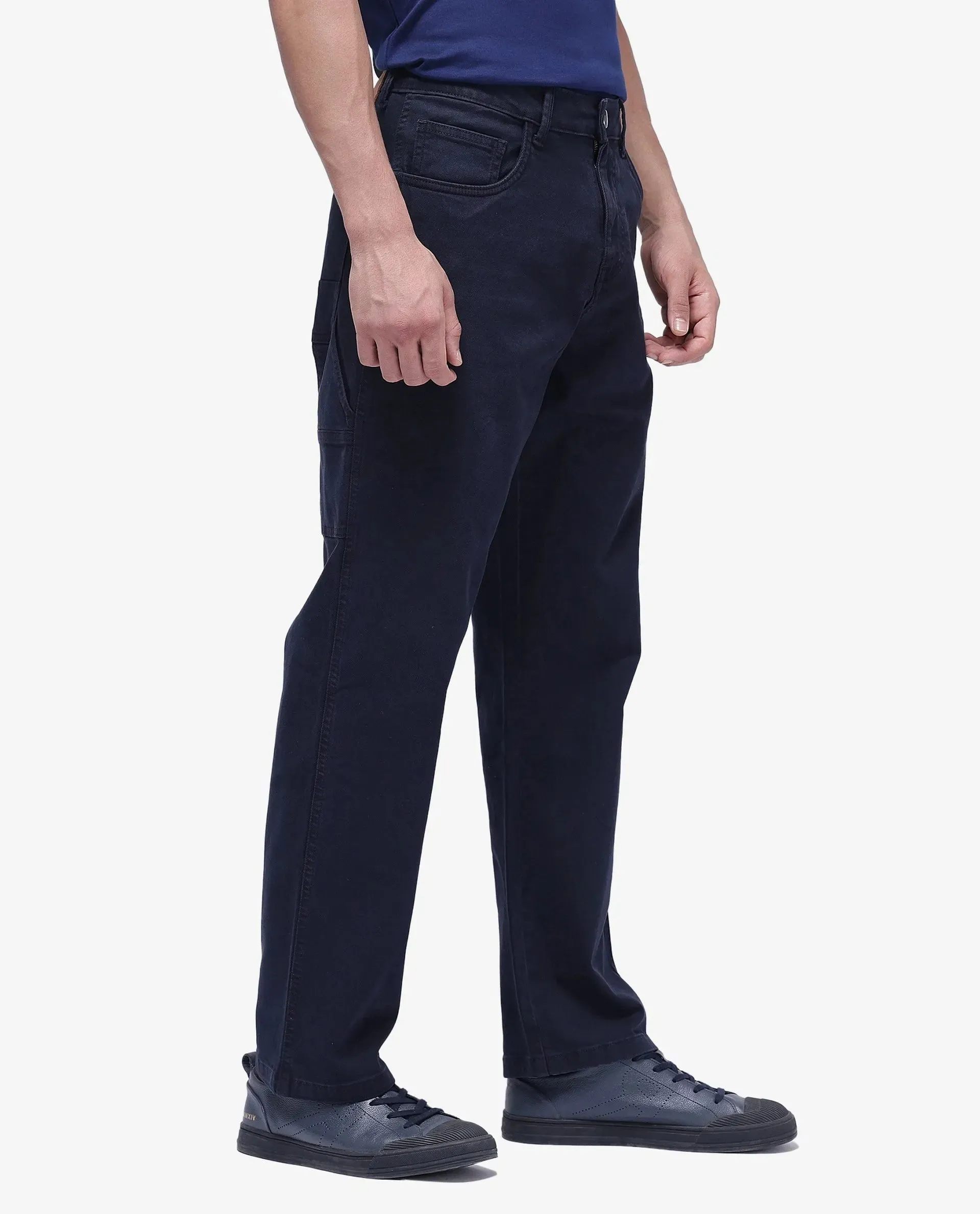 Rare Rabbit Men Arni Navy Cotton Viscose Garment Dyed Fabric Carpenter Fit Plain Denim Pant