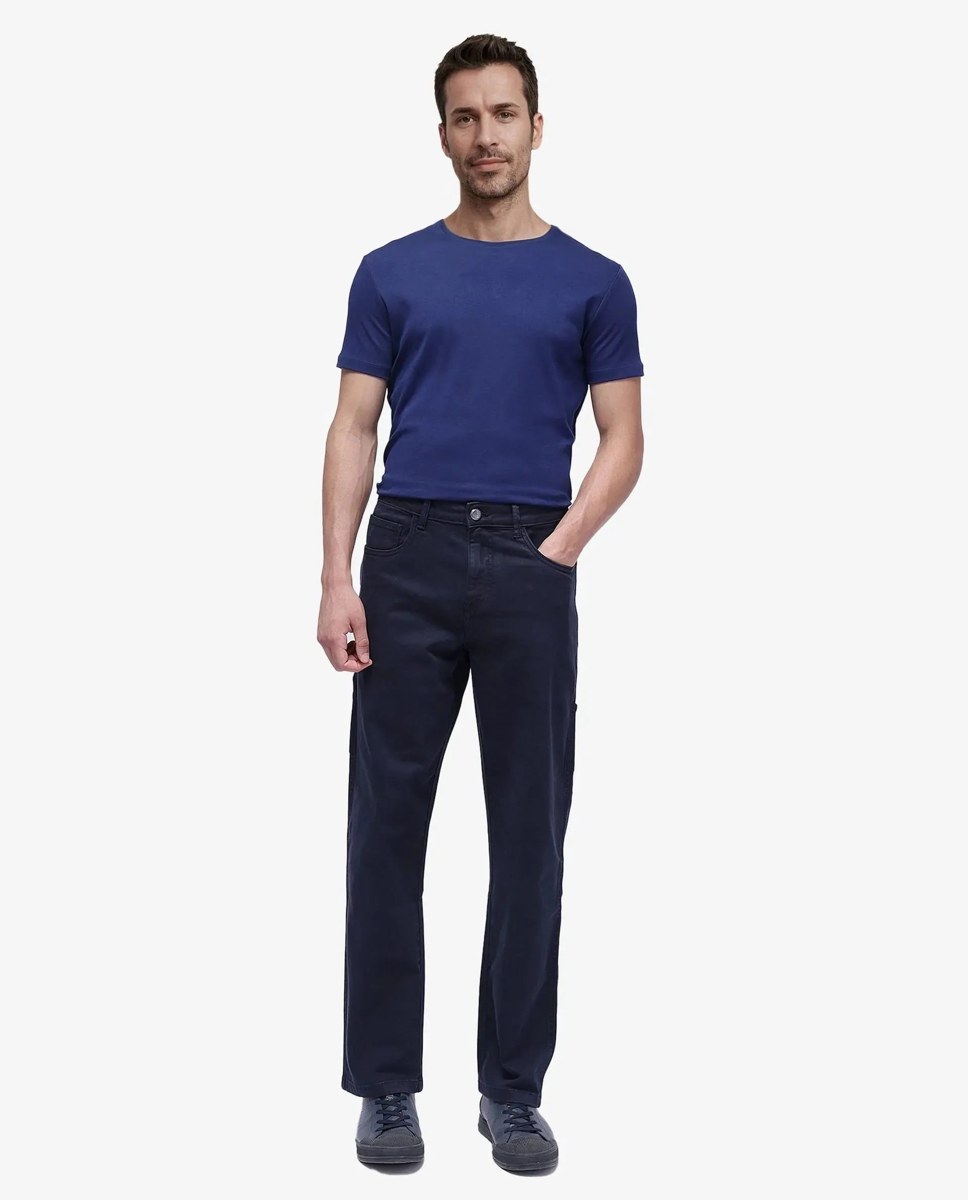 Rare Rabbit Men Arni Navy Cotton Viscose Garment Dyed Fabric Carpenter Fit Plain Denim Pant