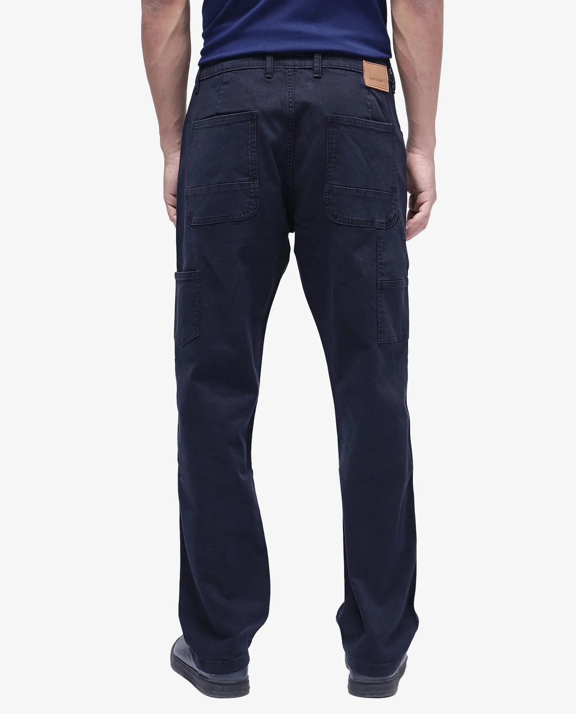 Rare Rabbit Men Arni Navy Cotton Viscose Garment Dyed Fabric Carpenter Fit Plain Denim Pant