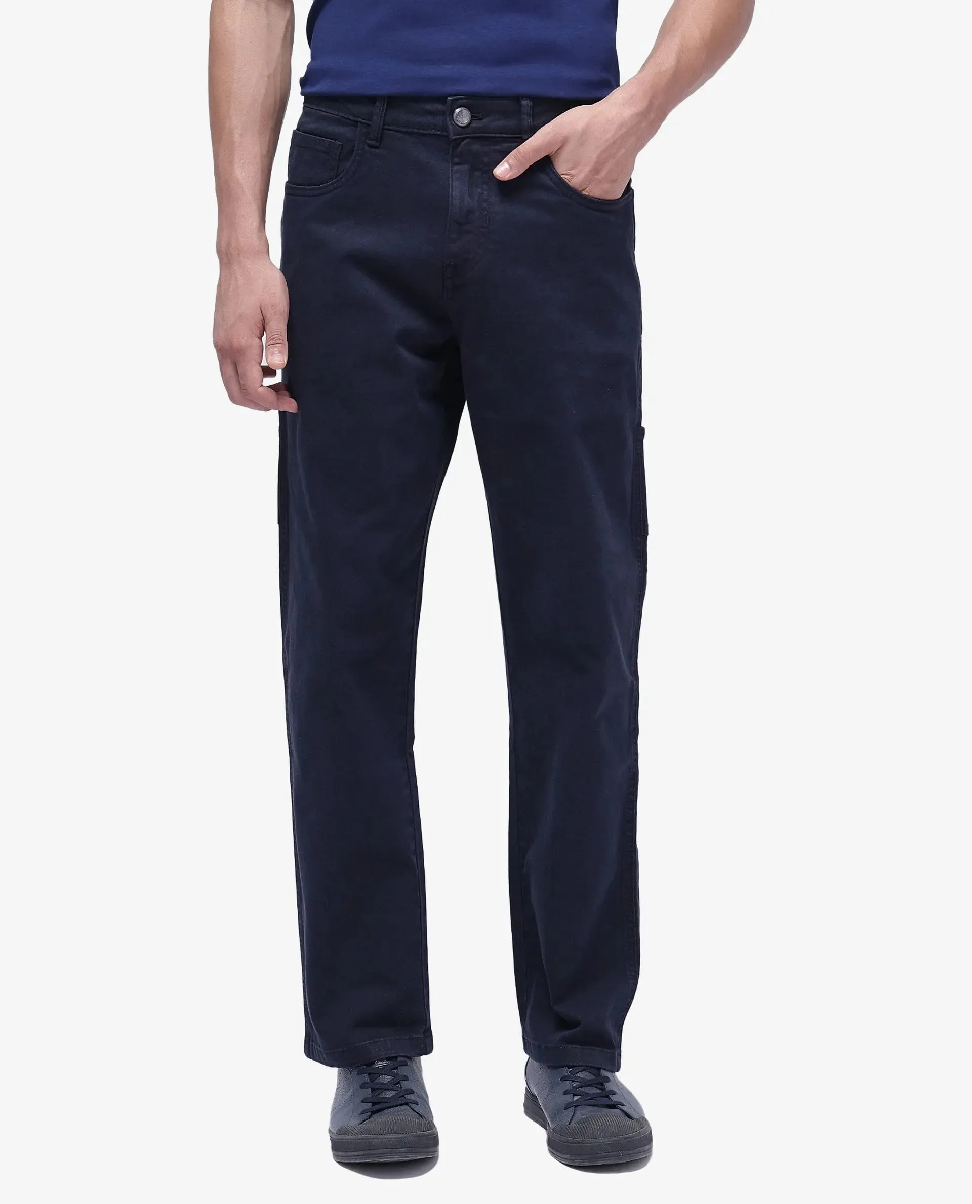 Rare Rabbit Men Arni Navy Cotton Viscose Garment Dyed Fabric Carpenter Fit Plain Denim Pant