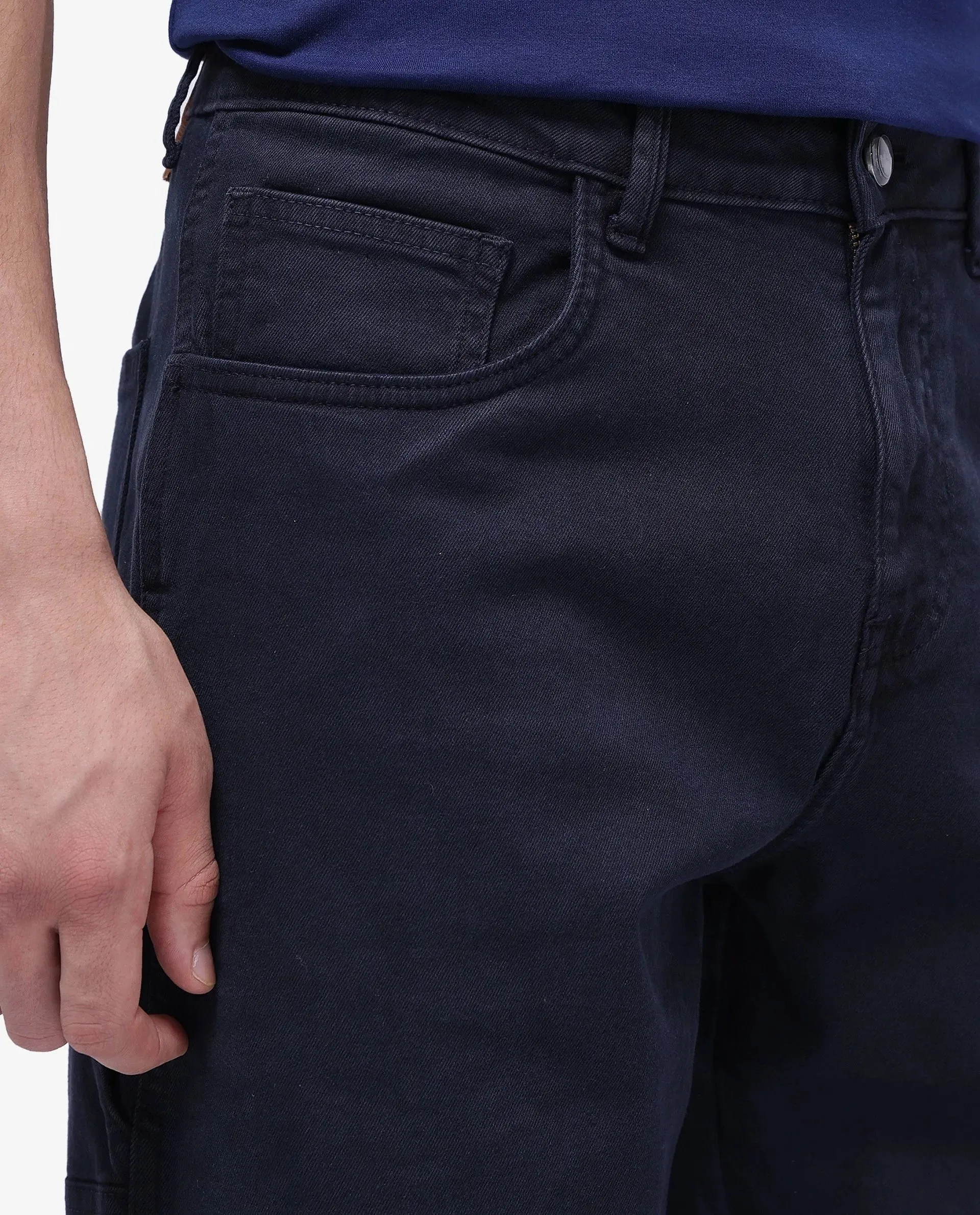 Rare Rabbit Men Arni Navy Cotton Viscose Garment Dyed Fabric Carpenter Fit Plain Denim Pant