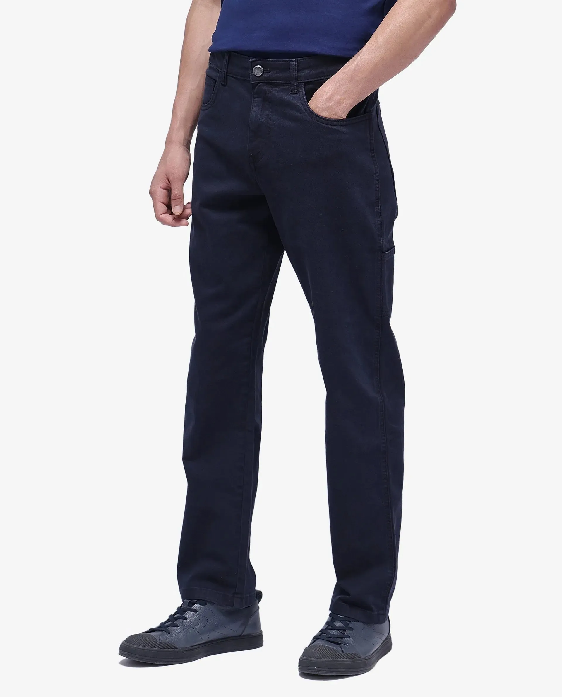 Rare Rabbit Men Arni Navy Cotton Viscose Garment Dyed Fabric Carpenter Fit Plain Denim Pant