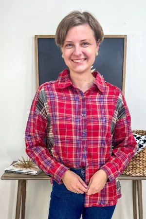 Red Plaid Contrast Shirt Top