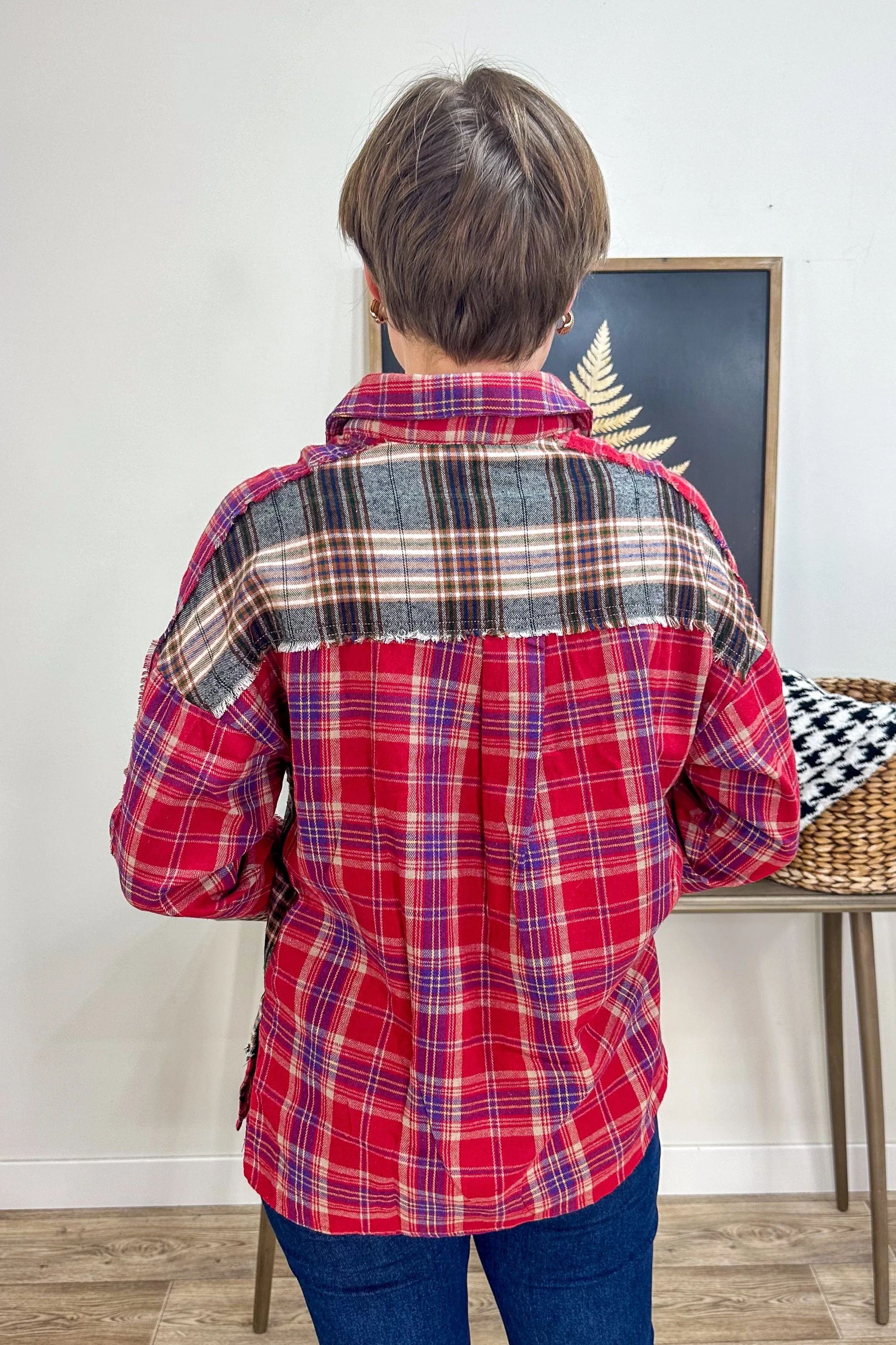 Red Plaid Contrast Shirt Top