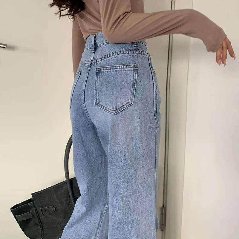 Retro Washed Light Blue High Waist Denim Loose Pants