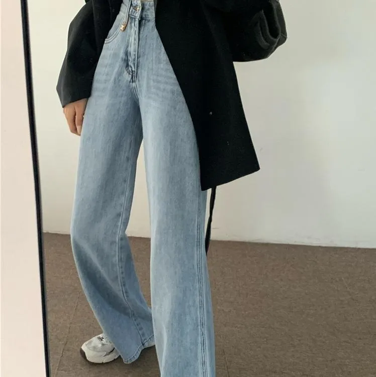 Retro Washed Light Blue High Waist Denim Loose Pants