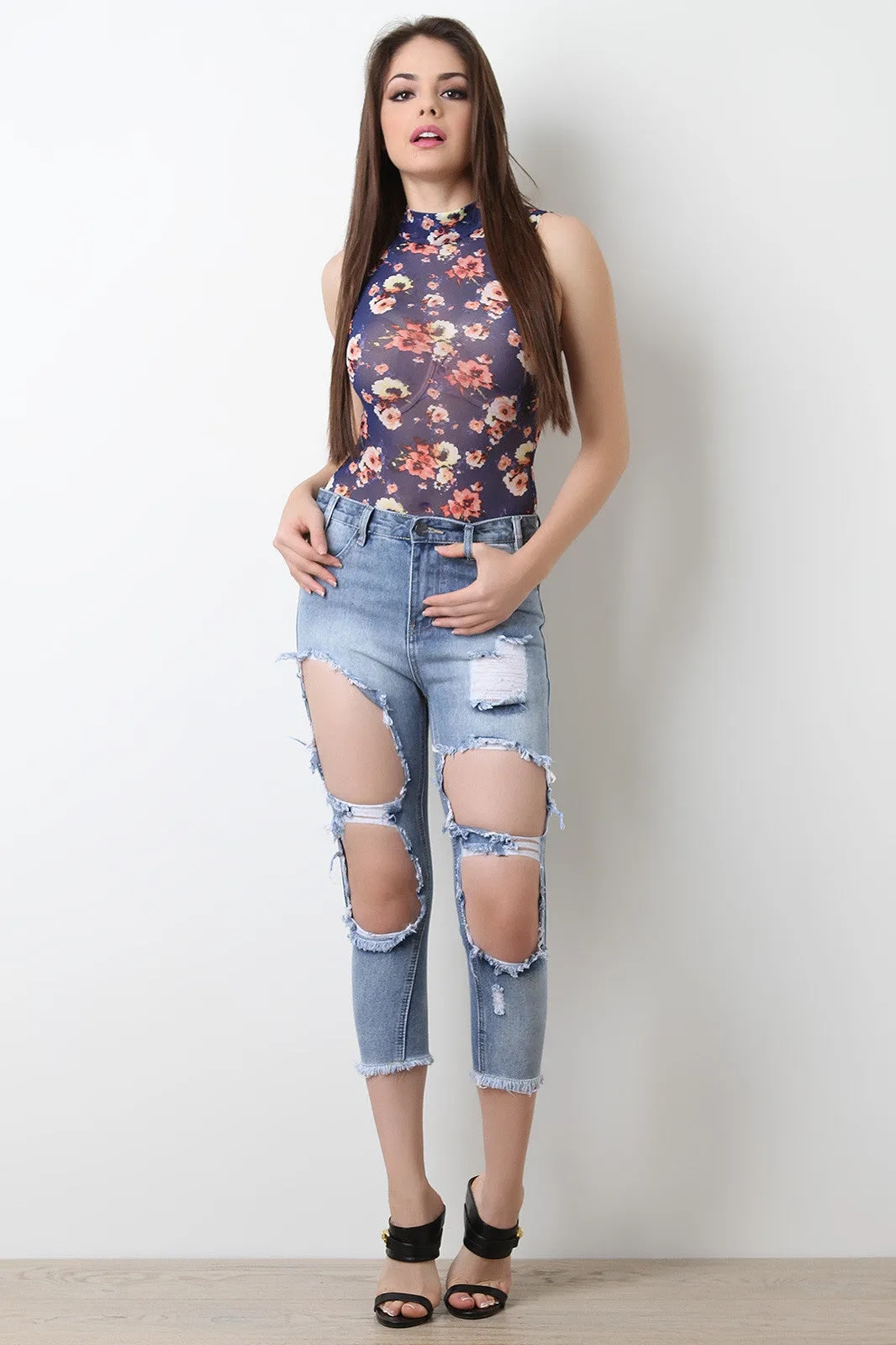 Ripped Faded Denim Crop Jeans