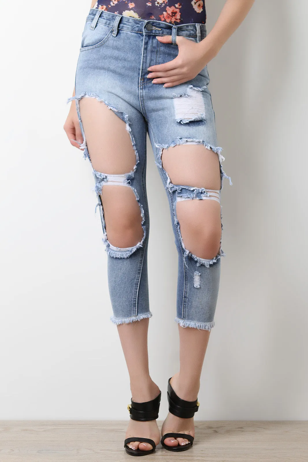 Ripped Faded Denim Crop Jeans