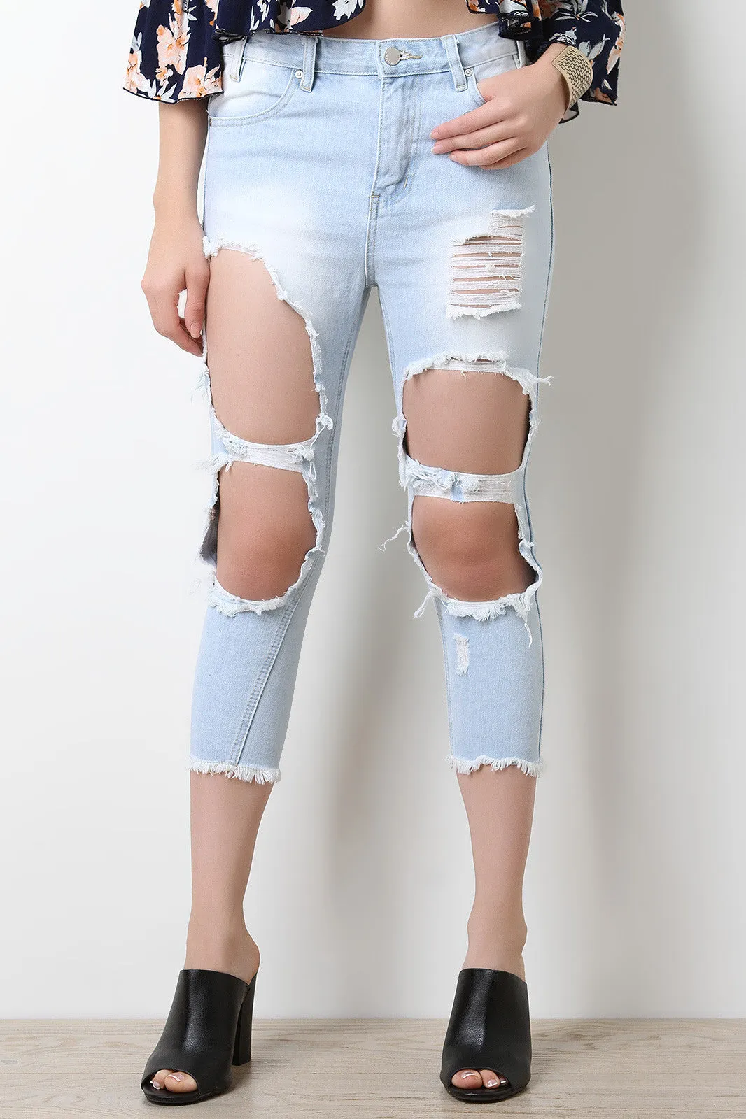 Ripped Faded Denim Crop Jeans