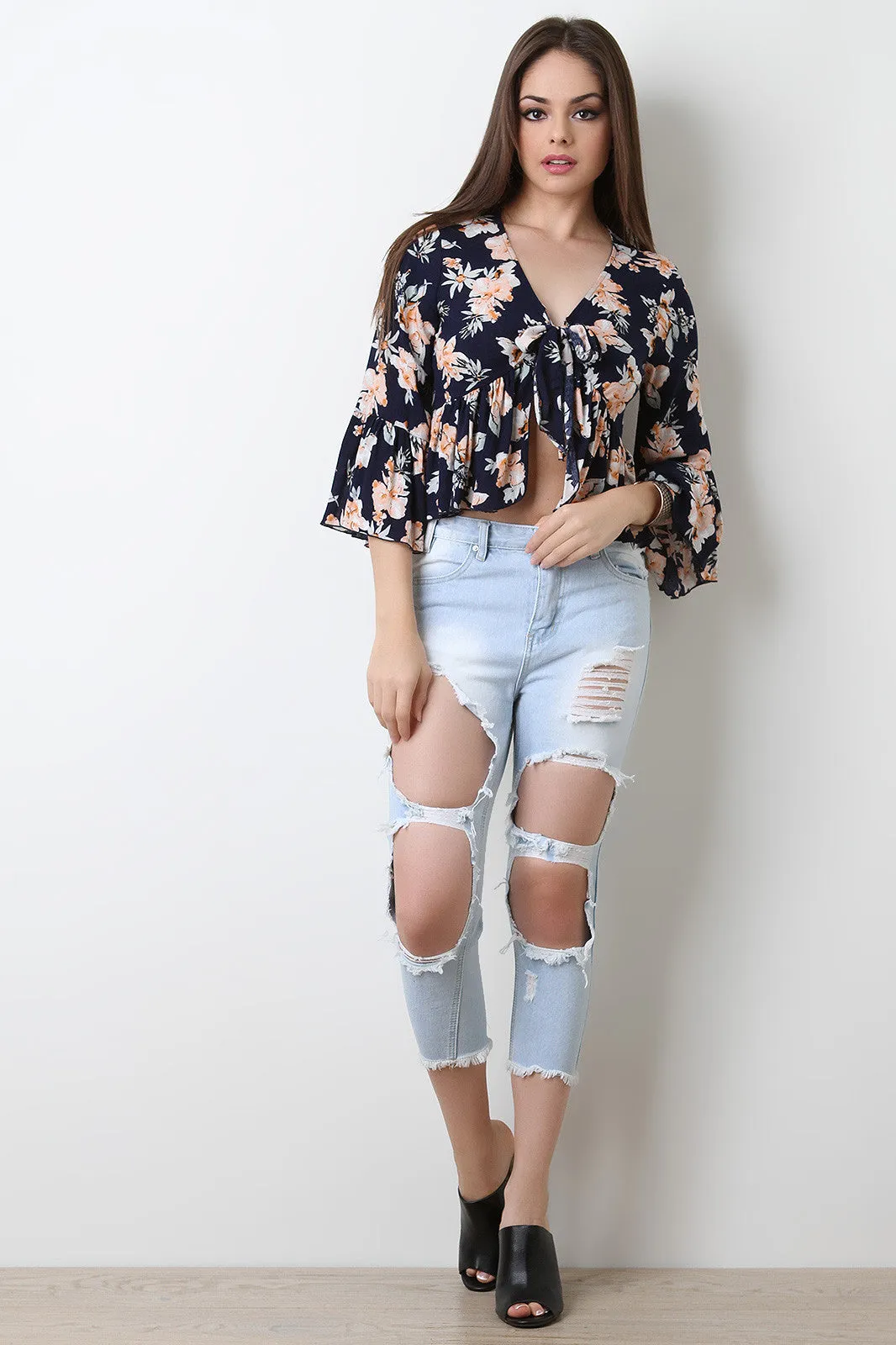 Ripped Faded Denim Crop Jeans