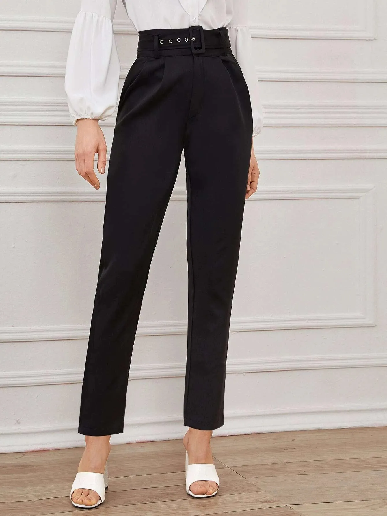 Shein Solid Eyelet Buckle Belted Tailored Pants