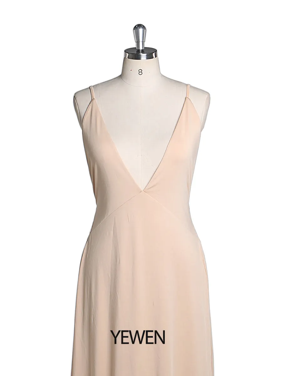 Simple V Neck Elastic Waist Slip Dress YEWEN