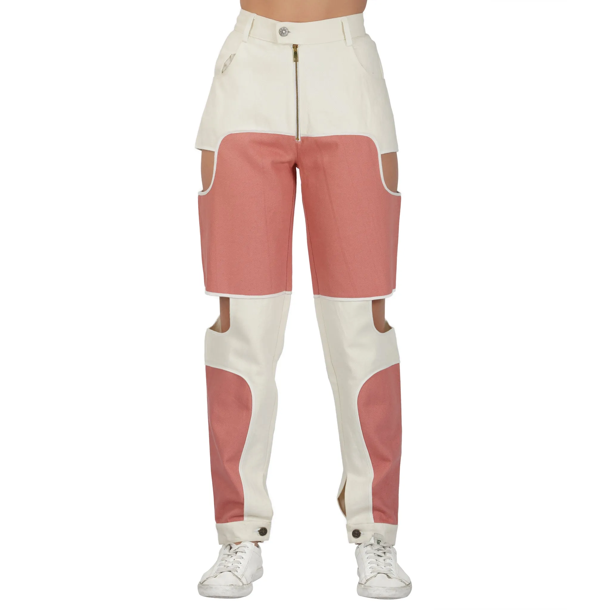 SLAY. Women's Side Cutout Pink & White Colorblock Denim Jeans