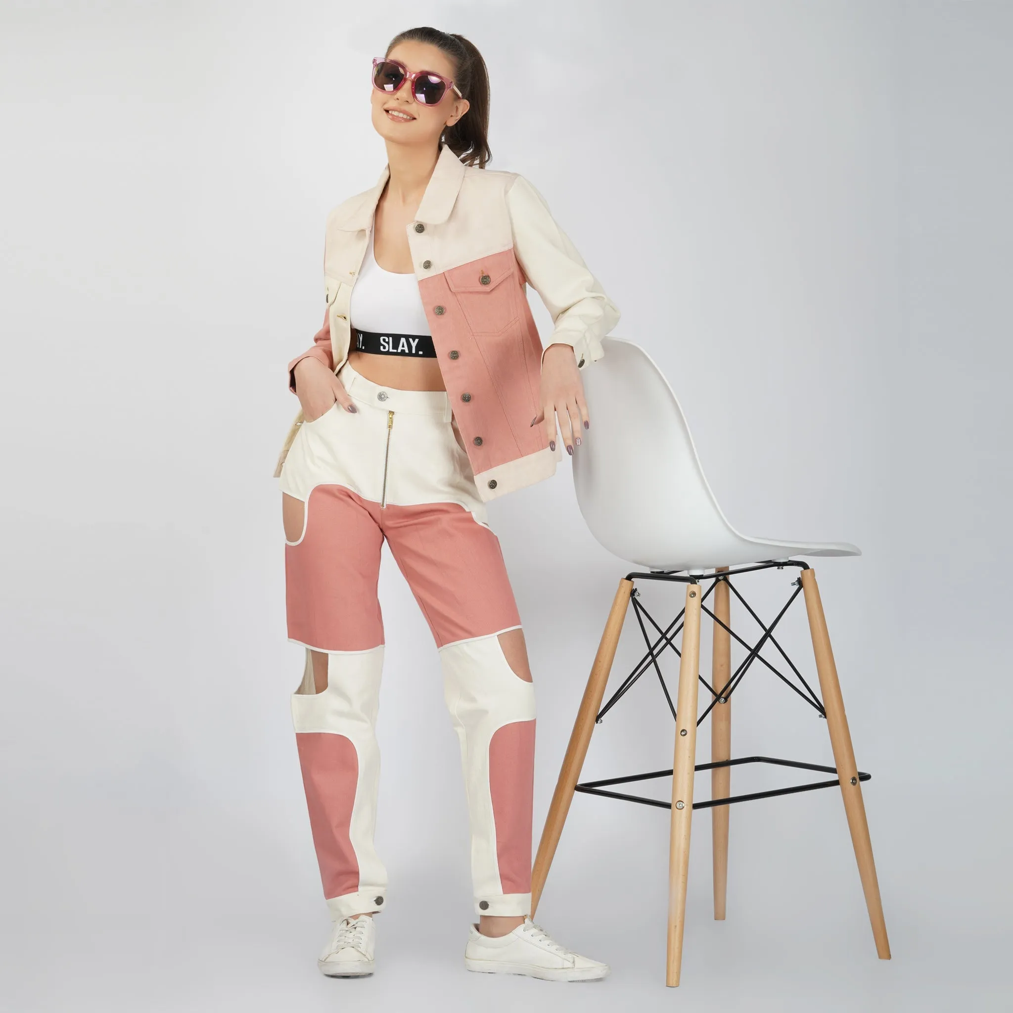 SLAY. Women's Side Cutout Pink & White Colorblock Denim Jeans