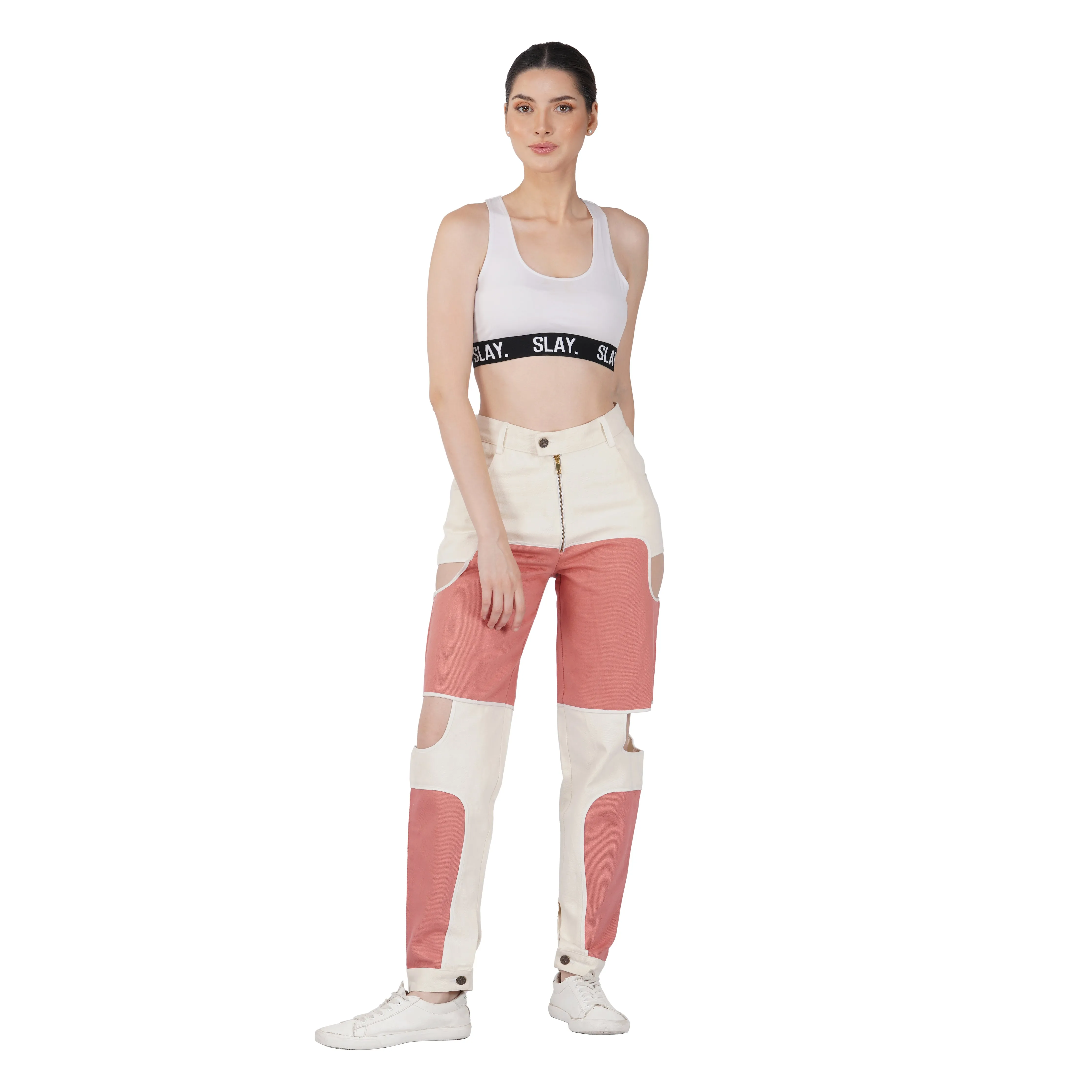 SLAY. Women's Side Cutout Pink & White Colorblock Denim Jeans