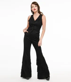 Smak Parlour 1970s Black Suede Tassel Flare Pants