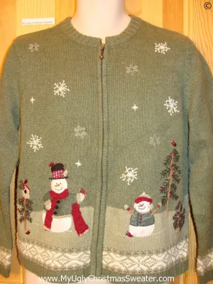 Snowman and Birdhouse Green Cheap Christmas Sweater